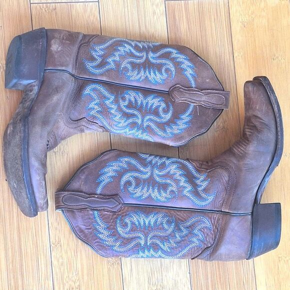 Women's Nocona Blue Bonnet Brown Western Boot 11" shaft Turquoise Stitching 6.5B - Picture 5 of 16